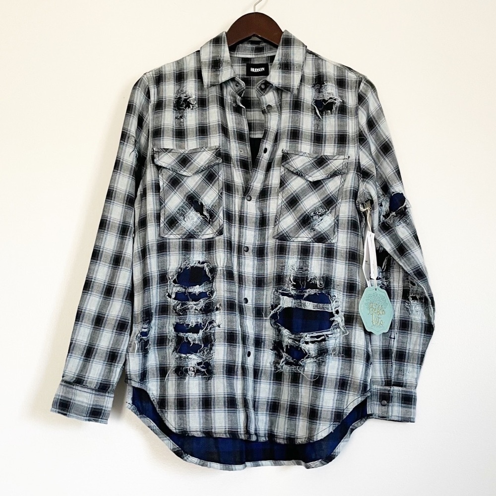 Nwt Hudson Plaid Kari Distressed Button-Down Top